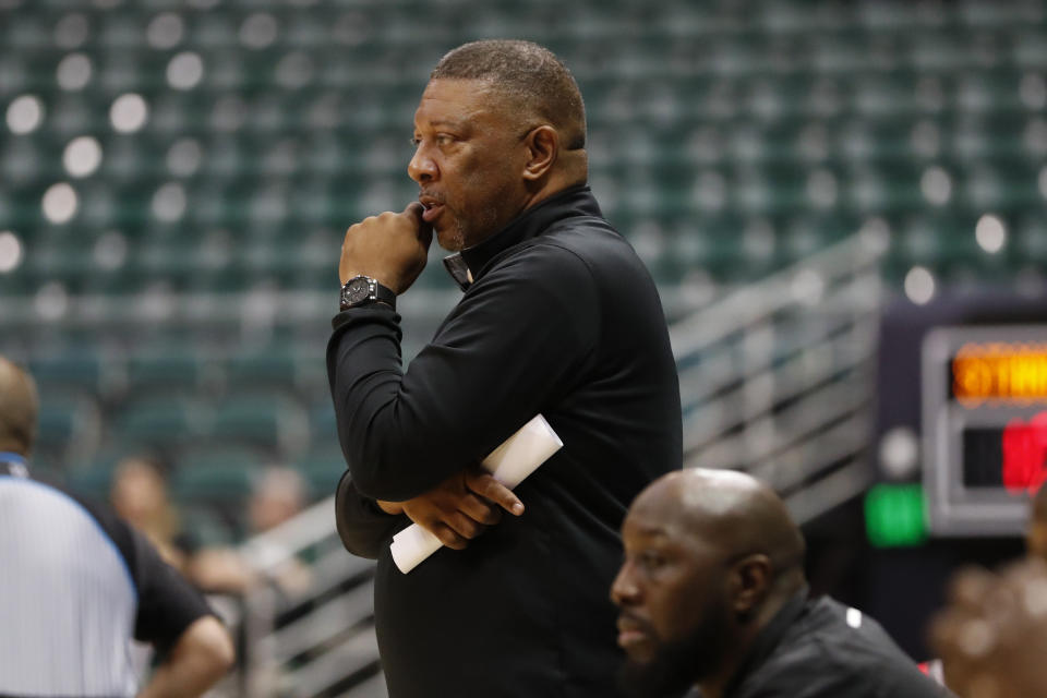 Grambling State head coach Freddy Murray watches his team take on Stanford during the first quarter of an NCAA college basketball game, Saturday, Nov. 26, 2022, in Honolulu. (AP Photo/Marco Garcia)