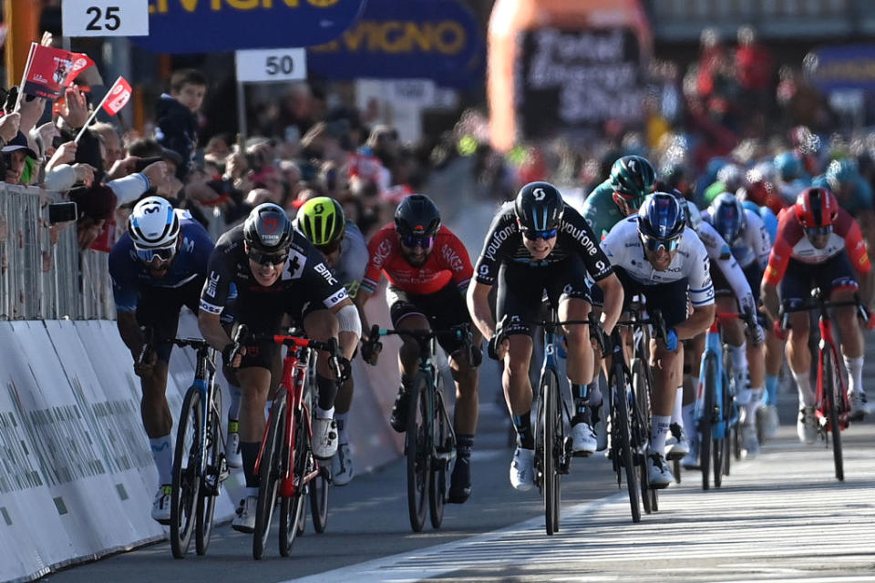 ORBASSANO ITALY  MARCH 15 LR Fernando Gaviria of Colombia and Movistar Team Arvid De Kleijn of The  and Tudor Pro Cycling Team Nacer Bouhanni of France and Team Arka Samsic Casper Van Uden of The Netherlands and Team DSM and Itamar Einhorn of Israel and Team Israel  Premier Tech sprint at finish line during the 104th MilanoTorino 2023 a 192km one day race from Rho to Orbassano  MilanoTorino  on March 15 2023 in Orbassano Italy Photo by Tim de WaeleGetty Images