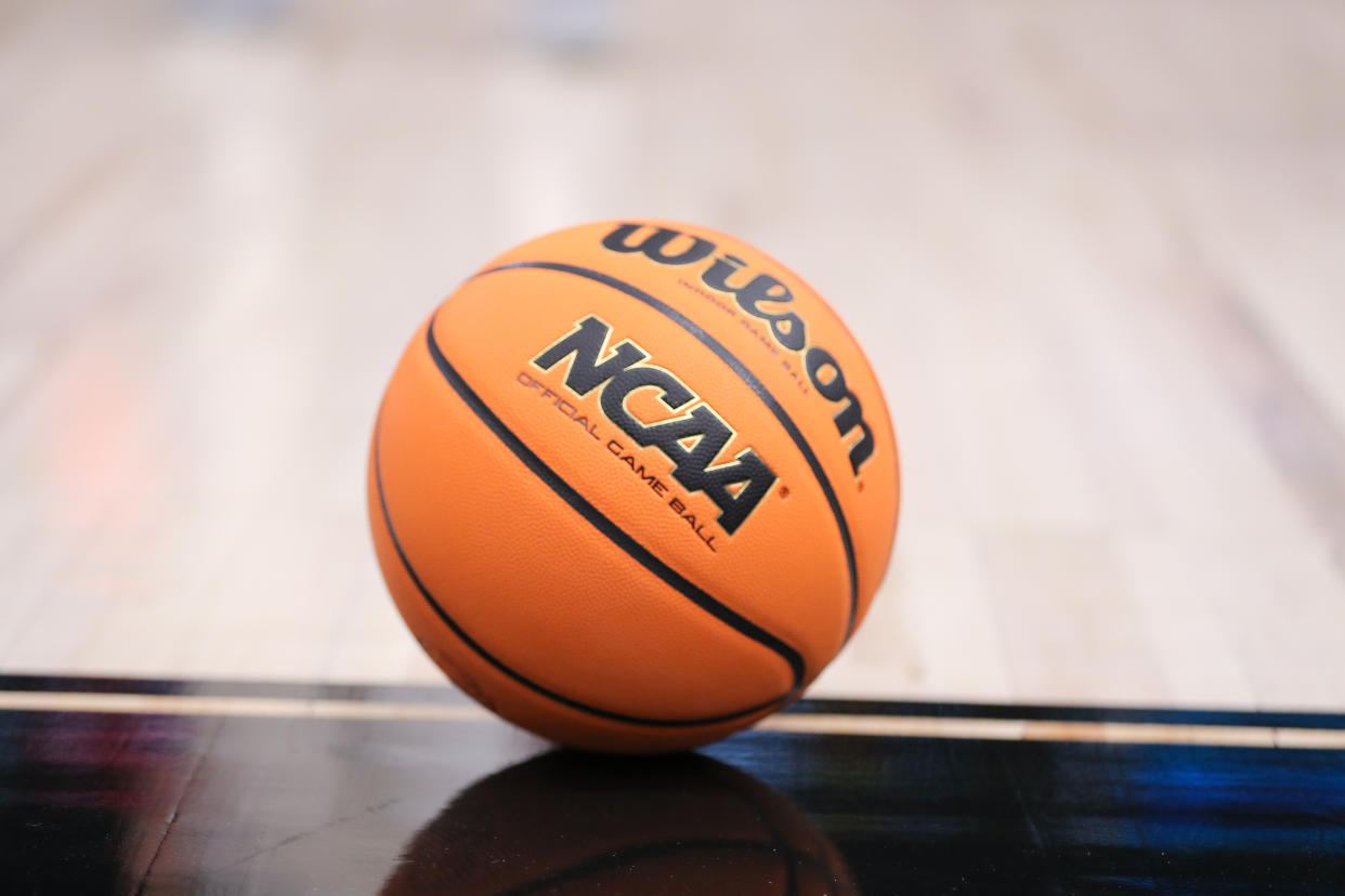 CHICAGO, IL - MARCH 09: A general view of a NCAA game ball during the first half of the second round of the Big Ten Conference Men's Basketball Tournament game between the Rutgers Scarlet Knights and the Michigan Wolverines on March 09, 2023, at the United Center in Chicago, IL. (Photo by Melissa Tamez/Icon Sportswire via Getty Images)