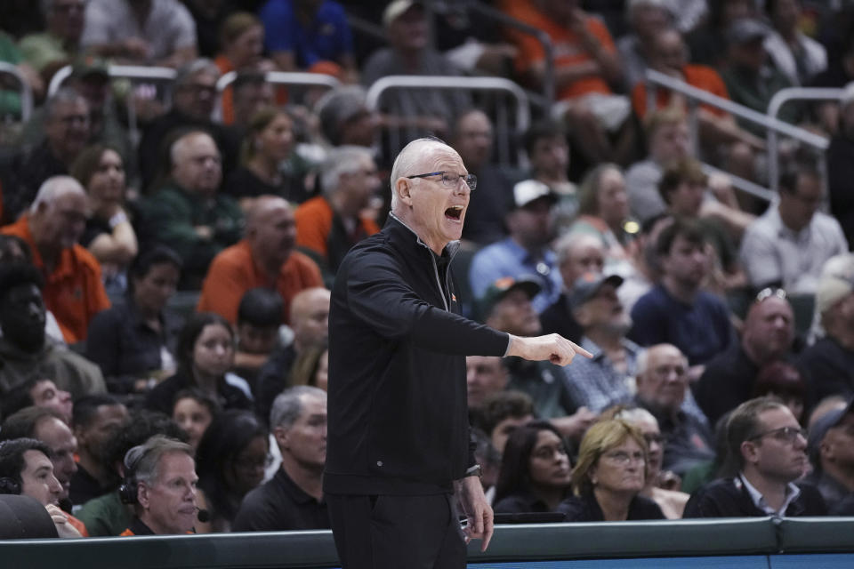 Miami coach Jim Larrañaga directs rhw team from the sideline during the first half of an NCAA college basketball game against Pittsburgh, Saturday, March 4, 2023, in Coral Gables, Fla. (AP Photo/Rebecca Blackwell)