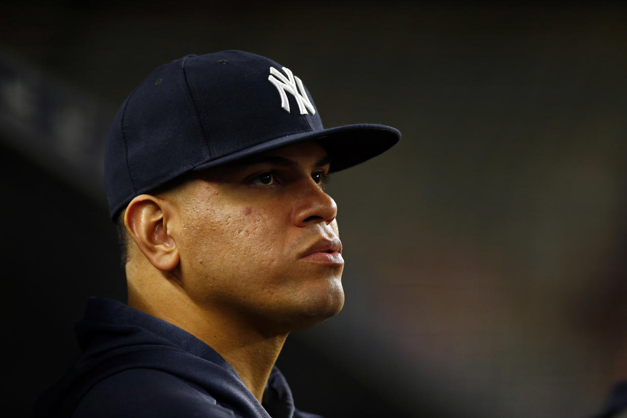 NEW YORK, NY - JUNE 17: Dellin Betances #68 of the New York Yankees looks on from the dugout against the Tampa Bay Rays during the eighth inning at Yankee Stadium on June 17, 2019 in the Bronx borough of New York City. (Photo by Adam Hunger/Getty Images)