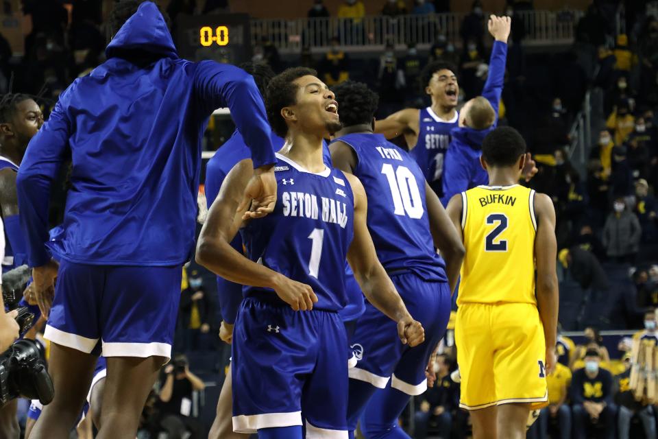 Seton Hall's Bryce Aiken celebrates the 67-65 win over Michigan on Tuesday, Nov. 16, 2021, at Crisler Center.