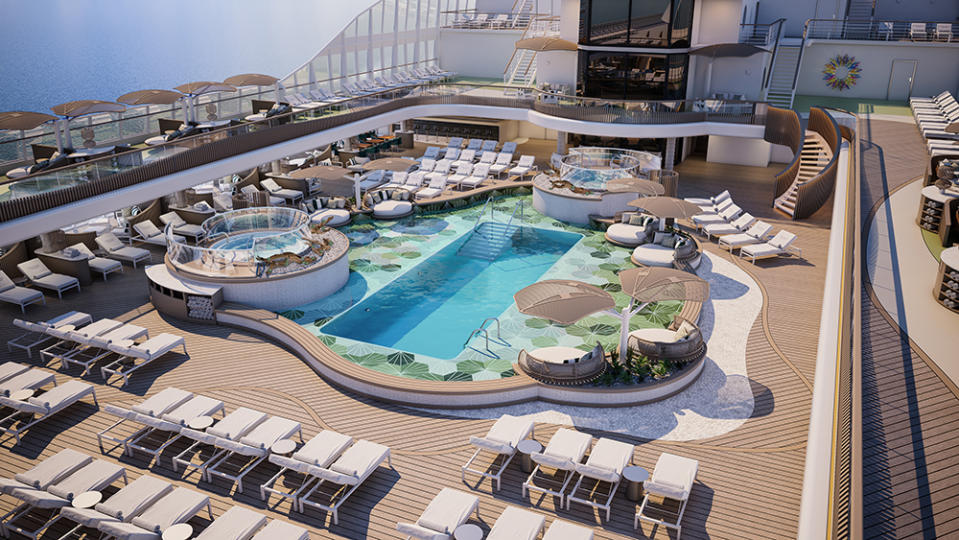 The pool deck sports lounges and cabanas for sunbathing. - Credit: Oceania Cruises