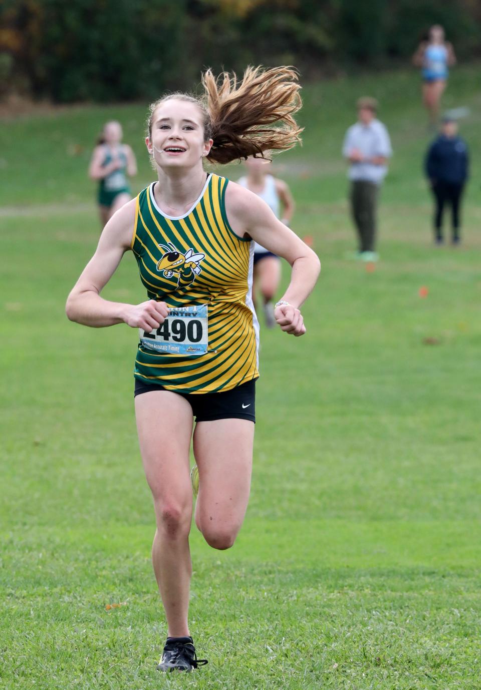 Caitlin Thomas from Hastings approaches the finish line as athletes compete in the girls Class C Section 1 Cross Country Championships at Bowdoin Park in Wappingers Falls, Nov. 4, 2023.