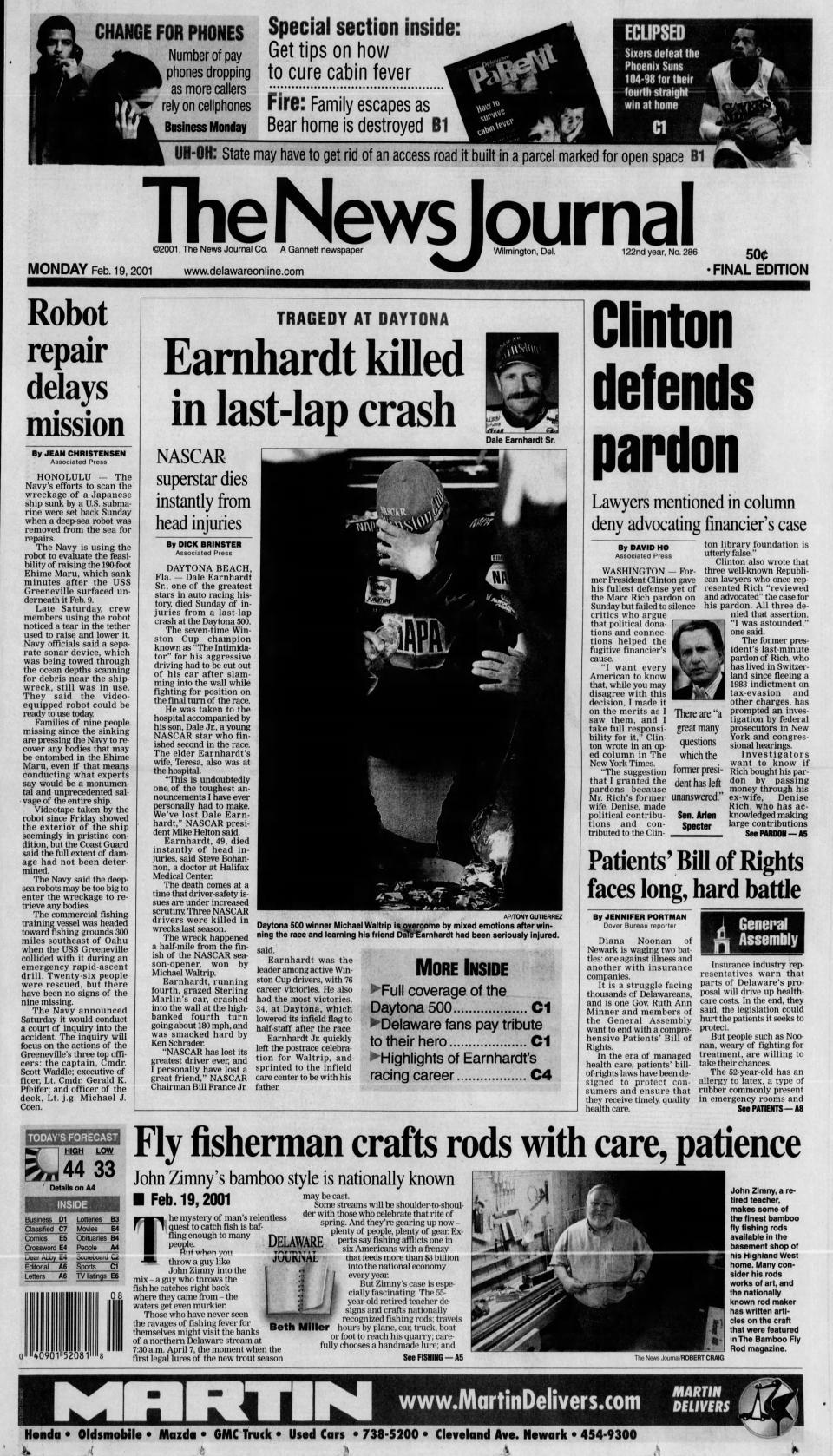 Front page of The News Journal from Feb. 19, 2001.