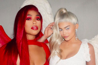 <p>The pregnant reality star made sure not to show her belly as she hasn’t confirmed the baby news yet. So here she is as an angel — to her BFF Jordyn Woods’s devil — from the chest up. (Photo: <a rel="nofollow noopener" href="https://www.instagram.com/p/Ba8Jb8jlEjX/?hl=en&taken-by=kyliejenner" target="_blank" data-ylk="slk:Kylie Jenner via Instagram;elm:context_link;itc:0;sec:content-canvas" class="link ">Kylie Jenner via Instagram</a>) </p>