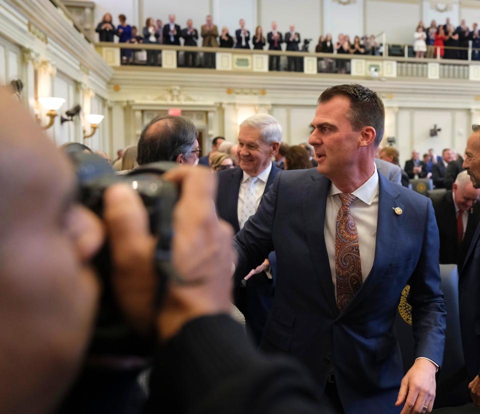 Oklahoma Gov. Kevin Stitt gives the State of the State address to a joint session of the legislature, Monday, February 7, 2022. 