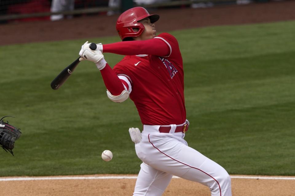 Angels designated hitter Shohei Ohtani bats.