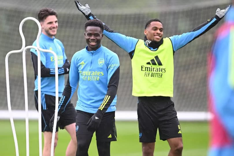 Declan RIce, Bukayo Saka and Jurrien Timber during an Arsenal training session