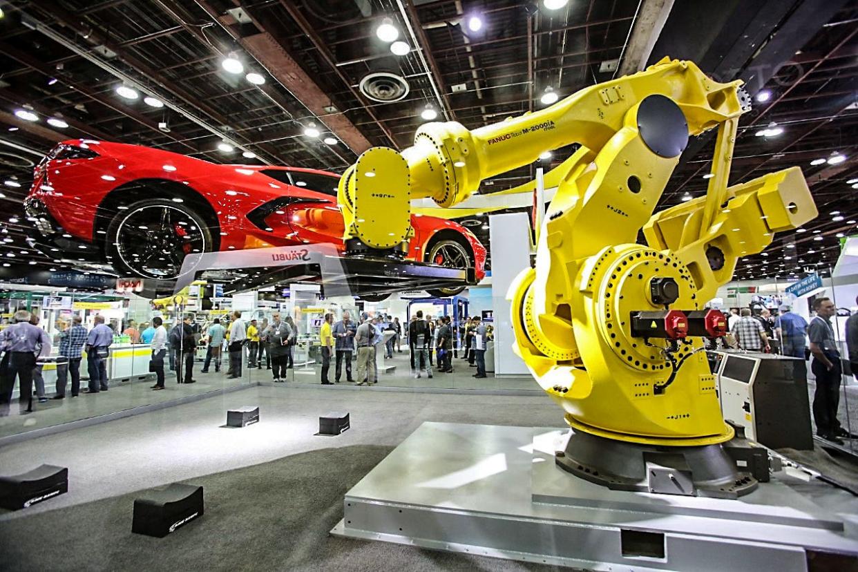 FANUC America robot is on display at the Automate convention at Huntington Place in downtown Detroit, Thurs., June 9, 2022.