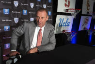 Utah head coach Larry Krystkowiak speaks during the Pac-12 NCAA college basketball media day, in San Francisco, Tuesday, Oct. 8, 2019. (AP Photo/D. Ross Cameron)