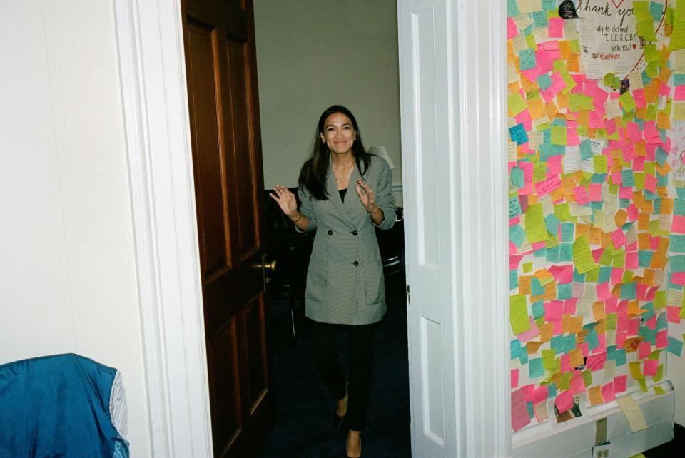 Rep. Alexandria Ocasio-Cortez, 29, exits her office in the Cannon building at the US Capitol. It has been one year since she won her upset Democratic primary over incumbent Joe Crowley, and became a national star.