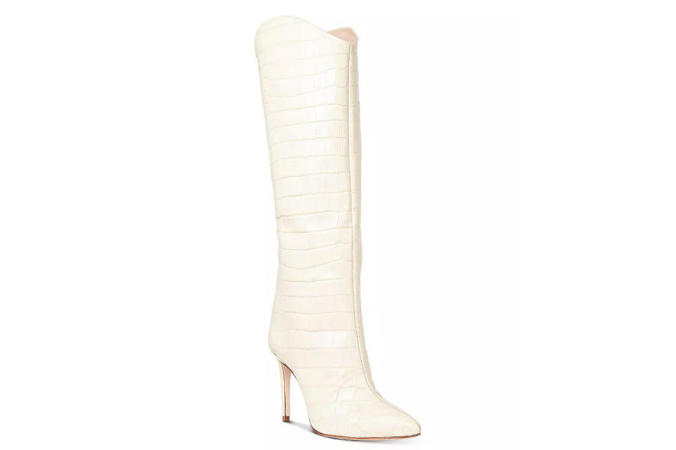 white boots, knee high, heeled, schutz