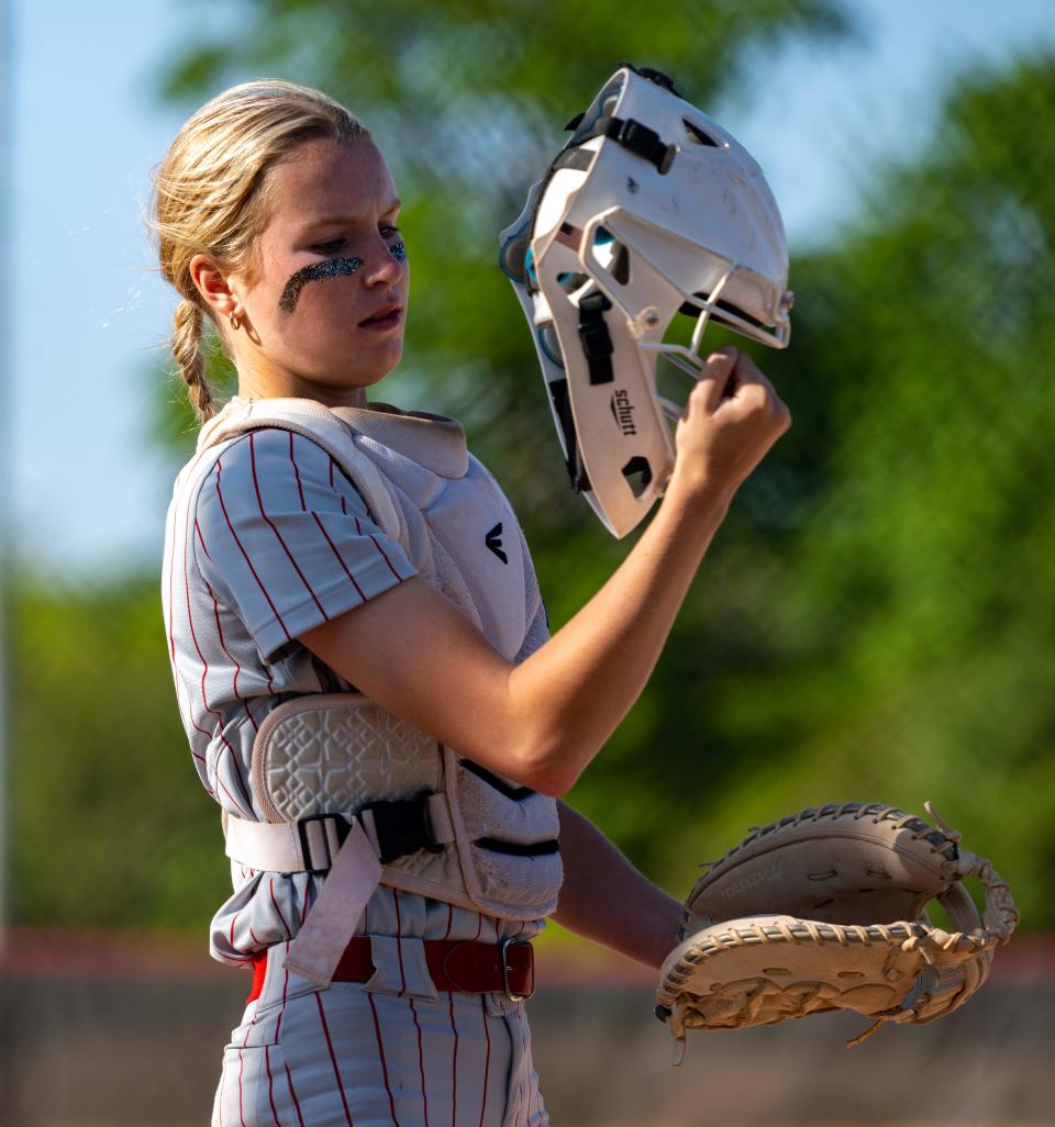 Lawrence North High School junior Gabby Peck (14) during a IHSAA Class 4A Softball Sectional Championship game against Indianapolis Cathedral High School, Friday, May 26, 2023, at North Central High School.