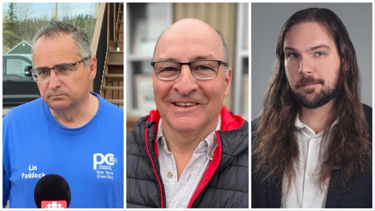 From left: Progressive Conservative Lin Paddock, Liberal Owen Burt and NDP candidate Riley Harnett are on the ballot to become the new MHA of Baie Verte-Green Bay. (Troy Turner/CBC, Submitted by Owen Burt, Submitted by Eddy St. Coeur - image credit)