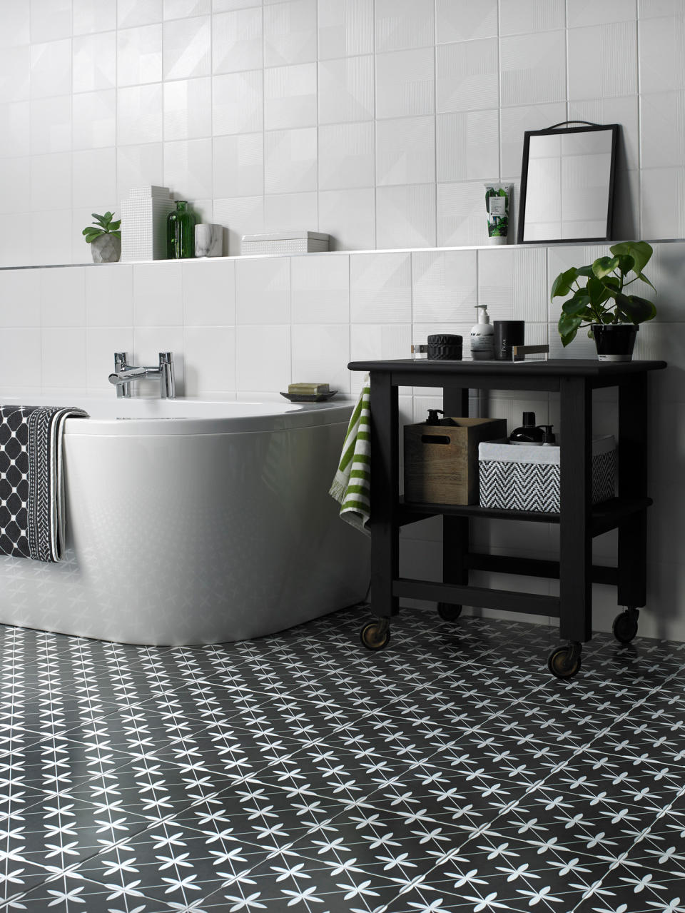 <p> Bathrooms have long embraced the timeless nature of black and white decor. As the saying goes, if it ain't broke, don't fix it – and we're not straying from the trend any time soon with stylish looks like this. </p> <p> Because bathroom suites are generally white, you'll need to be clever with your surfaces to introduce black without the room looking like a giant checkerboard – the safest bet is to keep the walls white, neutral, or at least plain, and to concentrate the pattern on the flooring, like with these Oakham black pattern tiles from Walls & Floors, or matt black fixtures like taps and showerheads. </p>