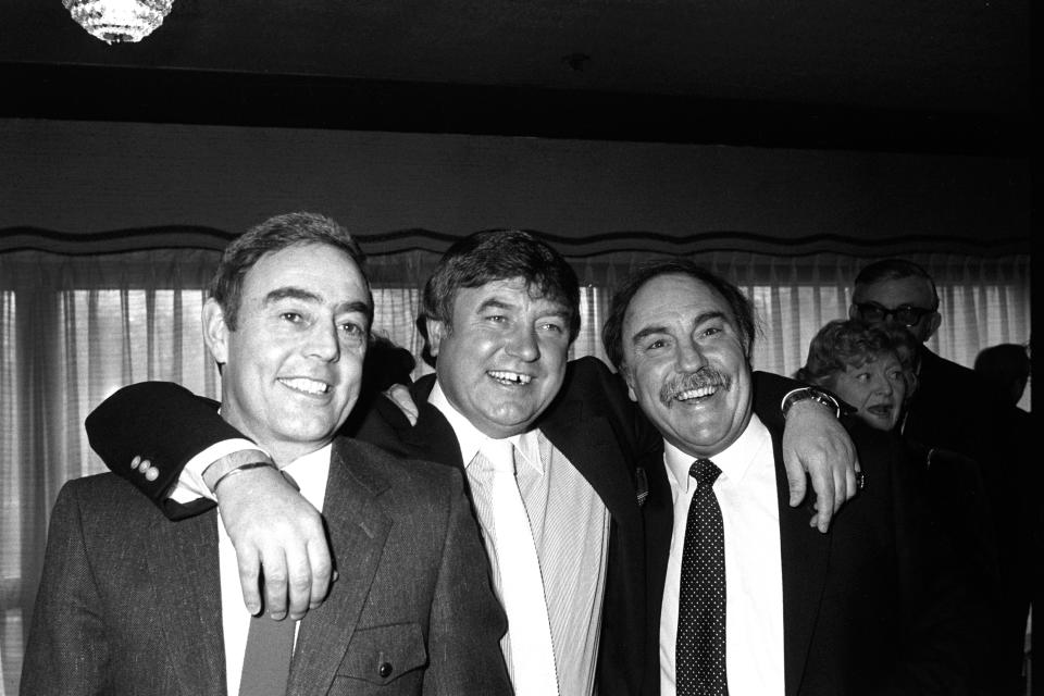 Comedian Jimmy Tarbuck at the Variety Club of Great Britain awards lunch at the Hilton Hotel, London, when he was named Showbusiness Personality of 1985. He is alongside Ian St John (l) and Jimmy Greaves, the soccer pundits who were given special awards for their 'Outstanding achievement' to television.