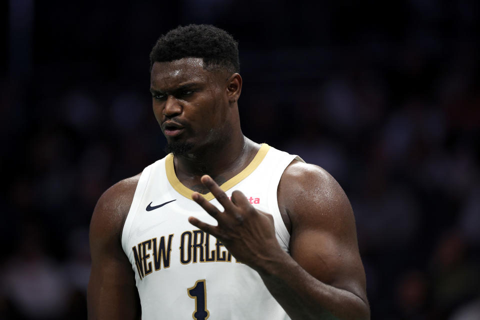 CHARLOTTE, NORTH CAROLINA - DECEMBER 15:  Zion Williamson #1 of the New Orleans Pelicans reacts during the second half of the game against the Charlotte Hornets at Spectrum Center on December 15, 2023 in Charlotte, North Carolina. NOTE TO USER: User expressly acknowledges and agrees that, by downloading and or using this photograph, User is consenting to the terms and conditions of the Getty Images License Agreement. (Photo by Jared C. Tilton/Getty Images)
