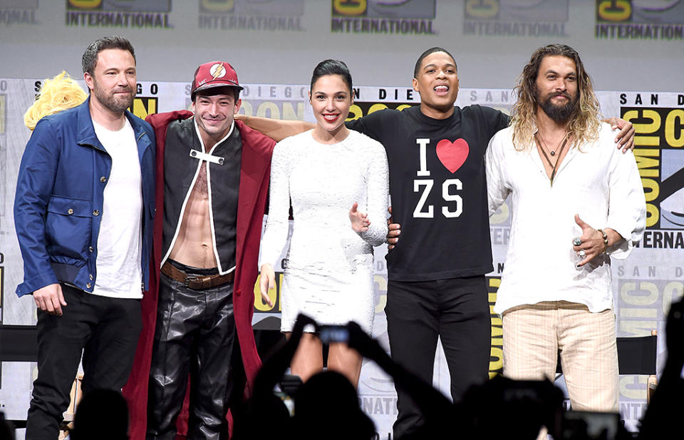 <p>Ben Affleck, Ezra Miller, Gal Gadot, Ray Fisher, and Jason Momoa at the Warner Bros. Pictures Presentation at Comic-Con on July 22, 2017 in San Diego. (Photo: Kevin Winter/Getty Images) </p>