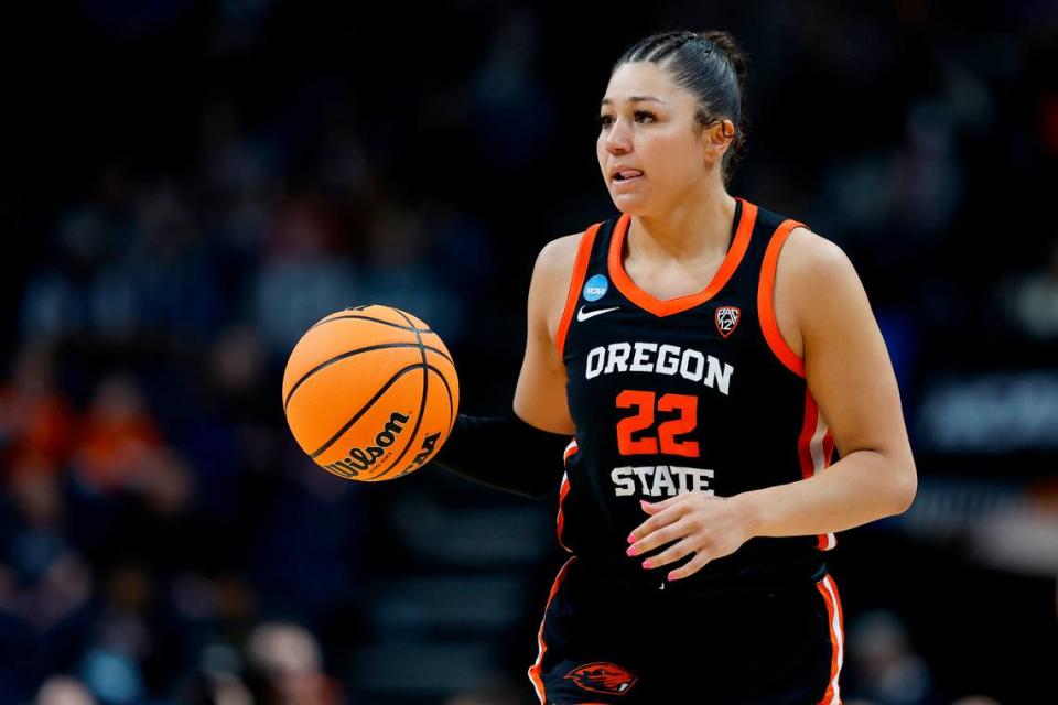 Talia von Oelhoffen of the Oregon State Beavers looks on during the second half against the South Carolina Gamecocks in the Elite 8 round of the NCAA Women’s Basketball Tournament at MVP Arena on March 31, 2024, in Albany, New York. Sarah Stier/TNS