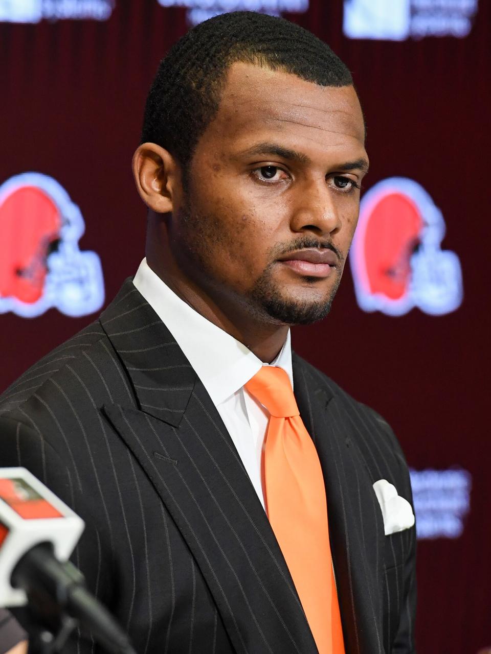 Deshaun Watson of the Cleveland Browns listens to questions during a press conference introducing him to the Cleveland Browns at CrossCountry Mortgage Campus on March 25, 2022 in Berea, Ohio