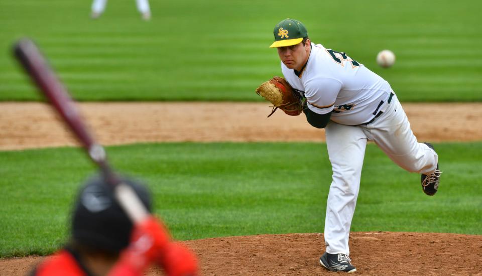 Noah Jensen pitches for Sauk Rapids during the game against ROCORI Tuesday, May 31, 2022, in Cold Spring.