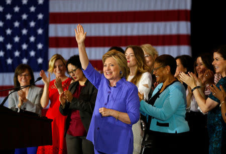 U.S. Democratic presidential candidate Hillary Clinton waves after speaking at a "Women for Hillary" event in Culver City, California, United States June 3, 2016. REUTERS/Mike Blake