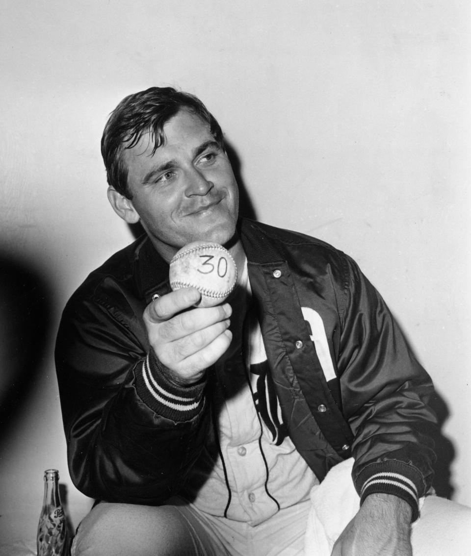 Detroit Tigers pitcher Denny McLain holds a baseball with the number 30 representing his wins this season for the Tigers in Detroit, Mich., Sept. 14, 1968. The right-handed pitcher won his 30th game, making him the first 30-game winner since 1934 and the first American League player since Lefty Grove in 1931. The Tigers beat the Oakland A's, 5-4. (AP Photo)