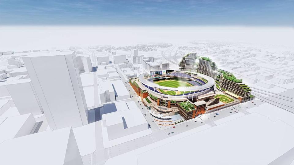 A rendering produced by Kansas City based architectural firm Pendulum shows their concept of a downtown ballpark nestled inside the downtown loop. Pendulum