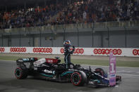 Mercedes driver Lewis Hamilton of Britain reacts after qualifying session qualifying session in Lusail, Qatar, Saturday, Nov. 20, 2021 ahead of the Qatar Formula One Grand Prix. (Hamad I Mohammed, Pool via AP)