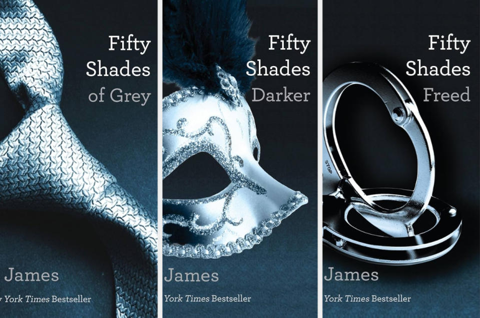 Three book covers from the 'Fifty Shades' series by E.L. James featuring suggestive themes
