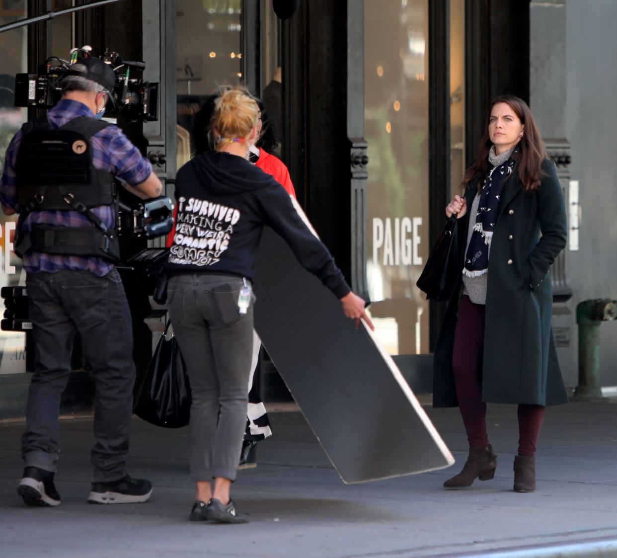Anna Chlumsky, right, is seen on the set of the Netflix series "Inventing Anna" on Oct. 14, 2020, in New York City.