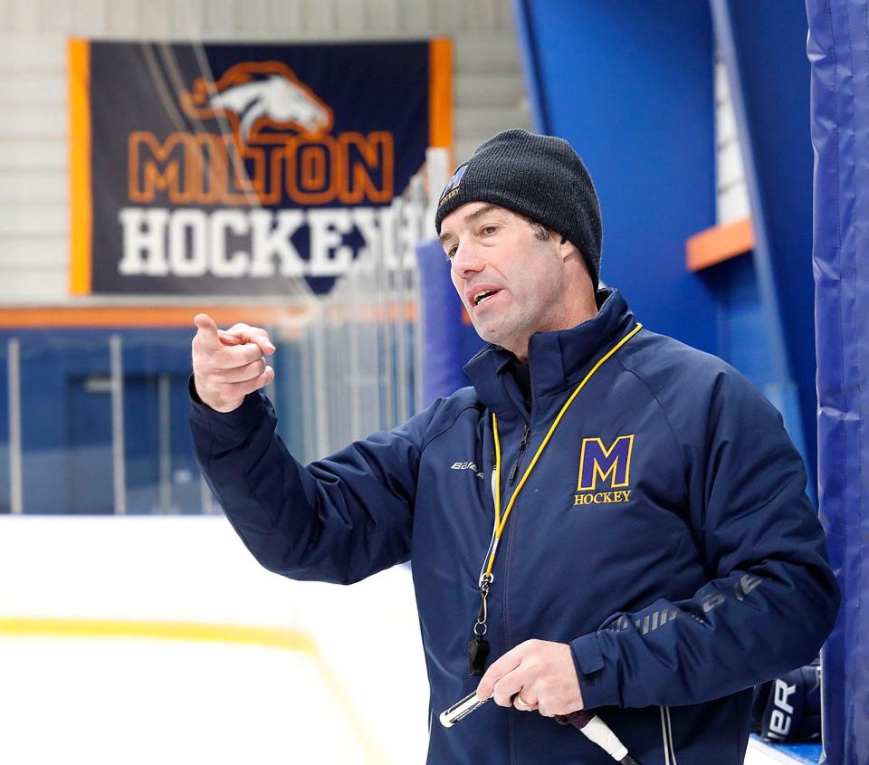 Milton Academy boys hockey coach Paul Cannata at practice on Tuesday February 7, 2023 