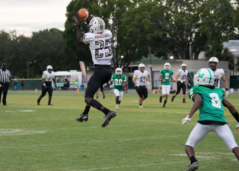 Jaheim Clarke of Riverdale makes a catch on Friday, Aug. 27, 2021, at Fort Myers High School.