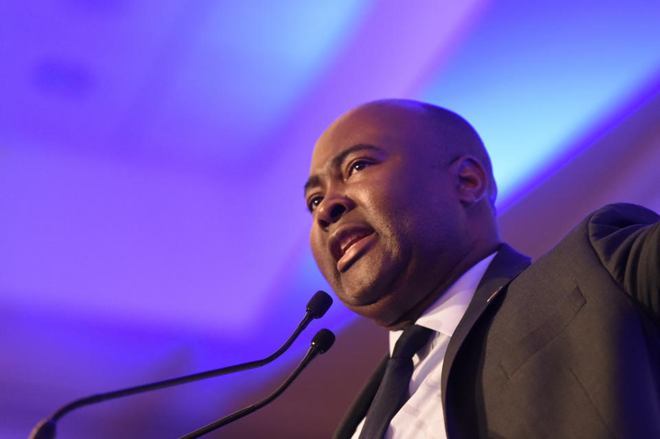 FILE- In this Feb. 24, 2020 photo, Democratic Senate candidate Jaime Harrison, who is challenging U.S. Sen. Lindsey Graham, R-S.C., speaks at a South Carolina Democratic Party dinner in Charleston, S.C. Harrison has raised more money than his Republican opponent, Sen. Lindsey Graham, two quarters in a row. (AP Photo/Meg Kinnard, File)