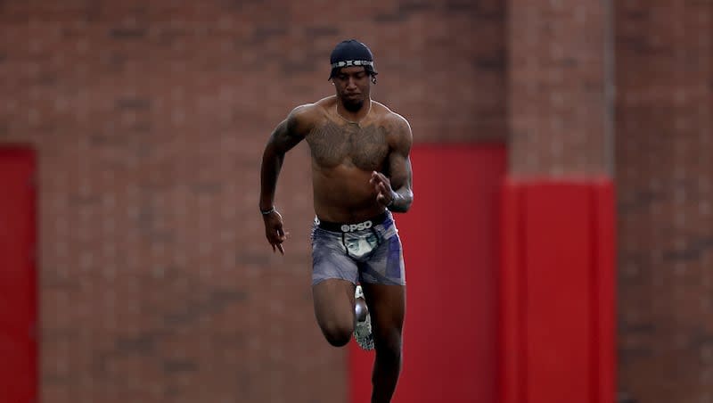 Utah’s Miles Battle participates in the annual pro day at the University of Utah in Salt Lake City on Thursday, March 21, 2024.