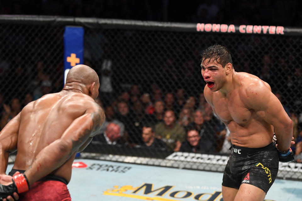 ANAHEIM, CALIFORNIA - AUGUST 17:  (R-L) Paulo Costa of Brazil and Yoel Romero of Cuba taunt each other in their middleweight bout during the UFC 241 event at the Honda Center on August 17, 2019 in Anaheim, California. (Photo by Josh Hedges/Zuffa LLC/Zuffa LLC via Getty Images)