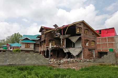 A house which was destroyed during a gun battle between security forces and a suspected militant holed up inside is pictured in Chadoora town in Budgam district May 4, 2017. Picture taken on May 4, 2017. REUTERS/Danish Ismail