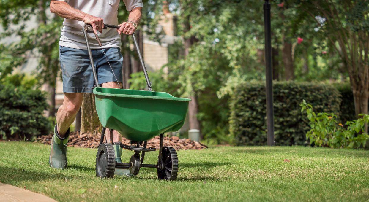  A man using a spreader on the lawn. 