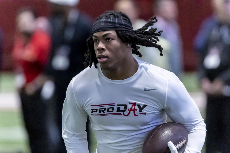 FILE - Former Alabama running back Jahmyr Gibbs works in position drills at Alabama's NFL pro day, Thursday, March 23, 2023, in Tuscaloosa, Ala. The NFL Draft begins Thursday, April 27 in Kansas City, Mo. (AP Photo/Vasha Hunt, File)