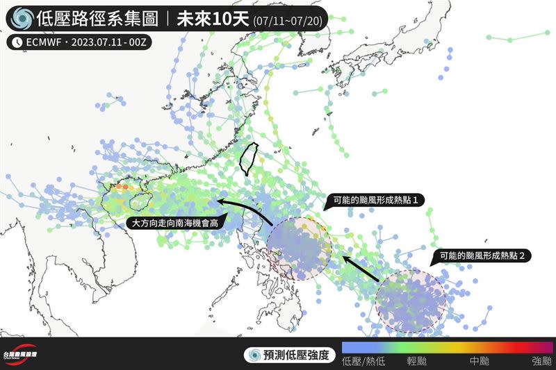 預報圖顯示颱風形成的2個熱點，預測未來將走向西北。（圖／翻攝自「台灣颱風論壇｜天氣特急」）