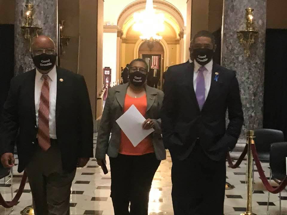 Democratic Reps. Bennie Thompson of Mississippi, Marcia Fudge of Ohio and Cedric Richmond of Louisiana attended the July 27, 2020, memorial service for Rep. John Lewis of Georgia in the U.S. Capitol.