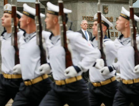 U.S. Secretary of Defense James Mattis attends a welcoming ceremony in Kiev, Ukraine August 24, 2017. REUTERS/Gleb Garanich