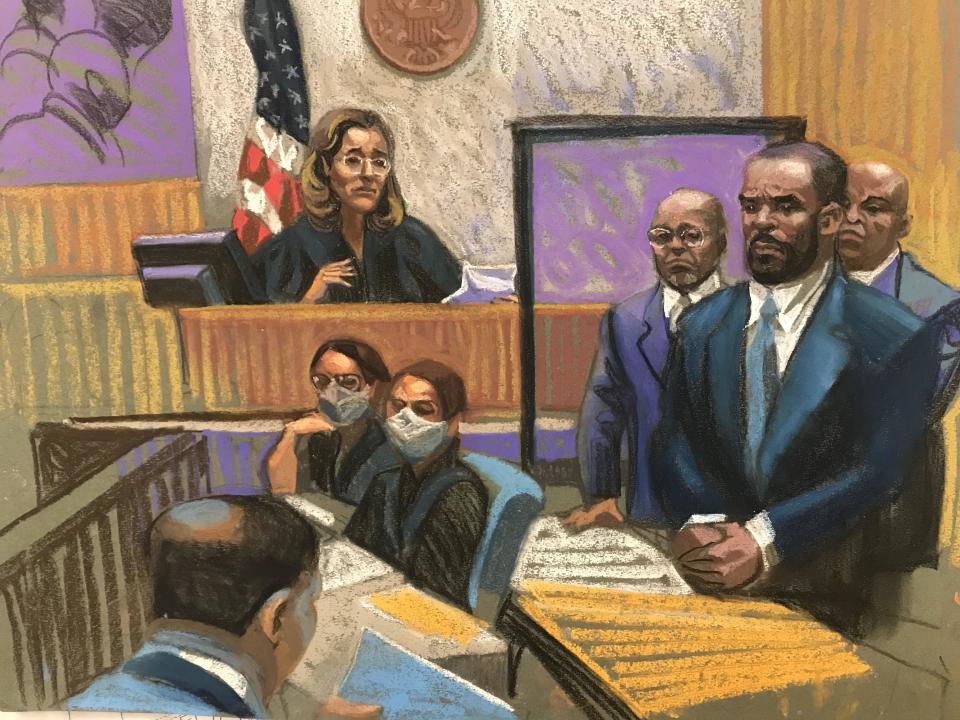 Courtroom sketch shows R. Kelly in federal court in Brooklyn, New York, as a jury convicted him on all charges in his racketeering and sex abuse trial on Sept. 27, 2021. / Credit: Christine Cornell