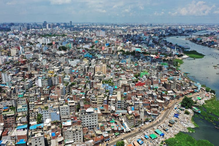 An aerial photograph of Dhaka.