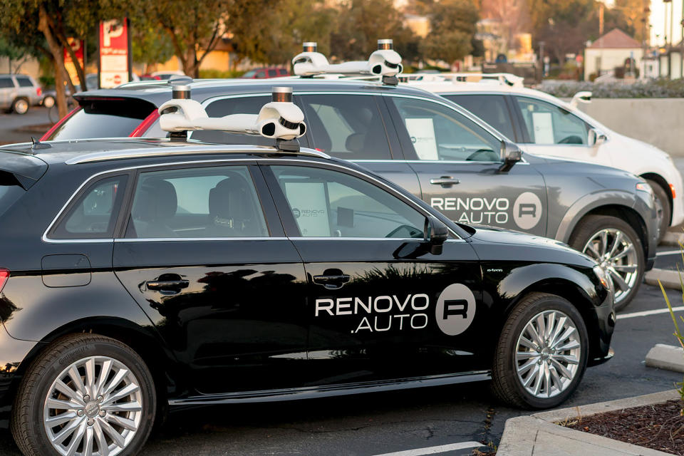 This 2018, photo provided by Renovo/Woven Planet shows Renovo's automated driving test fleet in Calif. Japanese automaker Toyota is revving up acquisitions in mobility technology, adding Renovo Motors Inc., a Silicon Valley software developer, to its Woven Planet team, which is working on automated driving. (Renovo/Woven Planet via AP)