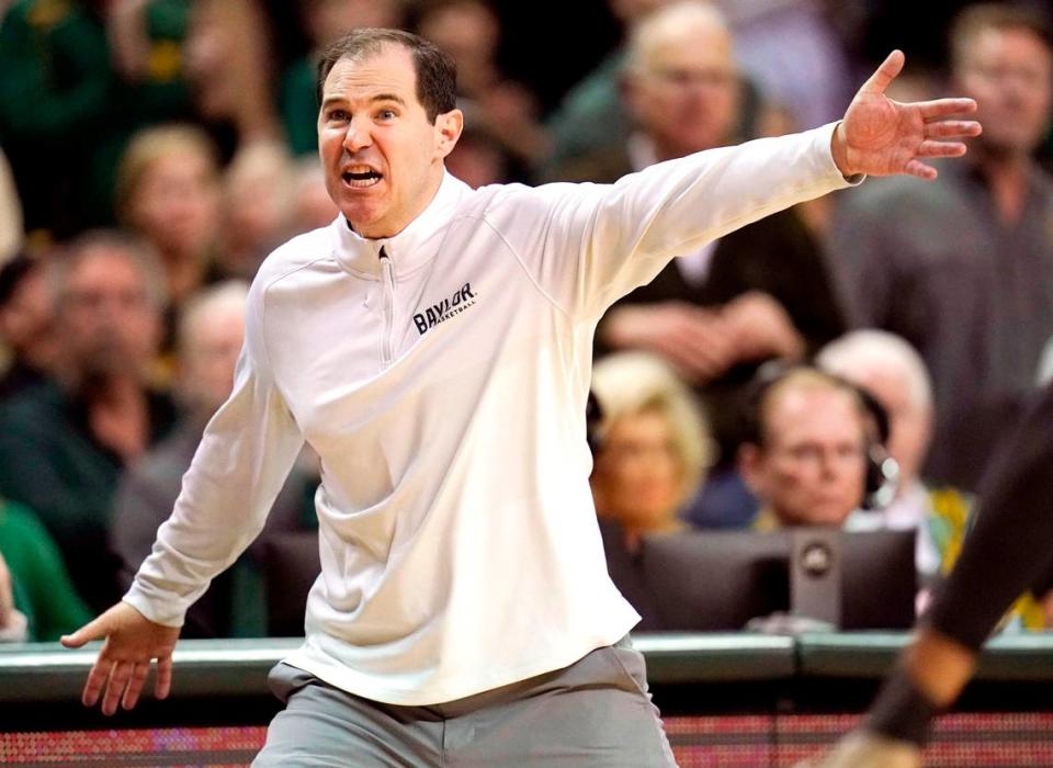 Baylor head coach Scott Drew reacts in the first half of an NCAA college basketball game against Iowa State, Saturday, March 5, 2022, in Waco, Texas. (Chris Jones/Waco Tribune-Herald via AP)