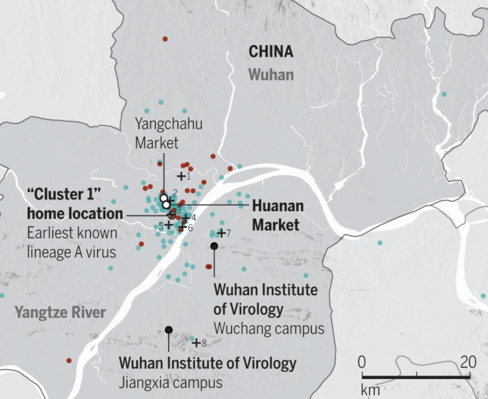 A map of coronavirus clusters in Wuhan, China, during the early outbreak.