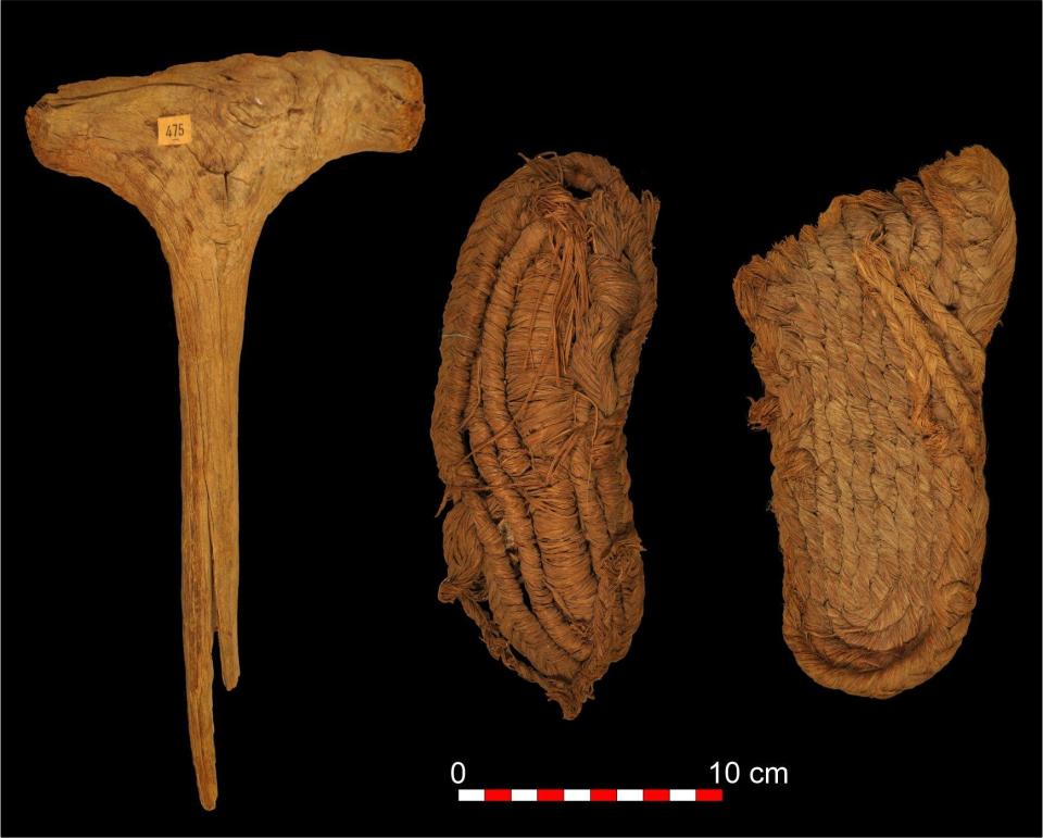 A wooden mace and two types of sandals woven from esparto grass, found in a cave in southern Spain and said by researchers to be 6,200 years old. / Credit: MUTERMUR Project