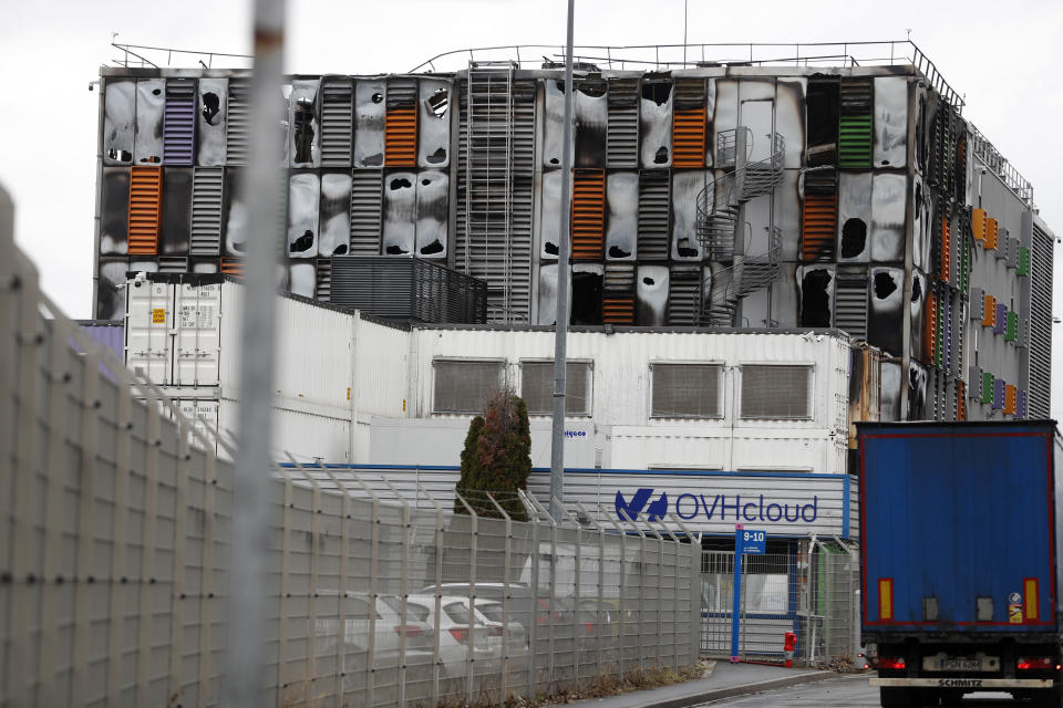 The OVH data center is seen in Strasbourg, eastern France, Thursday, March 11, 2021. A fire broke out on Wednesday in a room of one of the 4 OVH cloud data center affecting websites in several European countries. The origin of this fire is being investigated and no injuries are to be deplored. (AP Photo/Jean-Francois Badias)